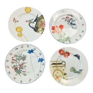 Anthropologie Hummingbird Butterfly Flowers Salad Dessert Plates Set Of 4